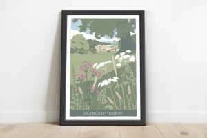 black framed illustration of cockington in Torquay by Devon artist Beth Hill