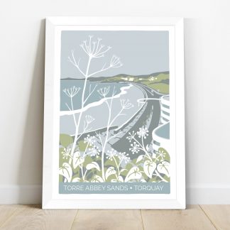 framed print of Torre Abbey Sands beach in Torquay, Devon. Coastal art featuring winter plants