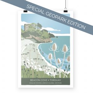 special geopark edition featuring illustration of Beacon Cove in Torquay, Devon by artist Beth Hill