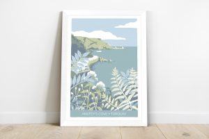 white framed print of illustration of Anstey's Cove on Torquay, Devon