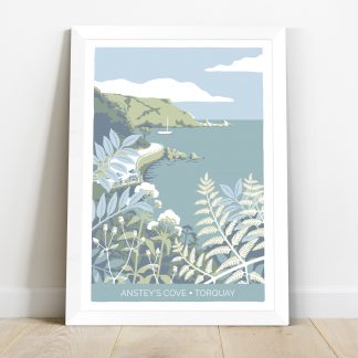 white framed print of illustration of Anstey's Cove on Torquay, Devon