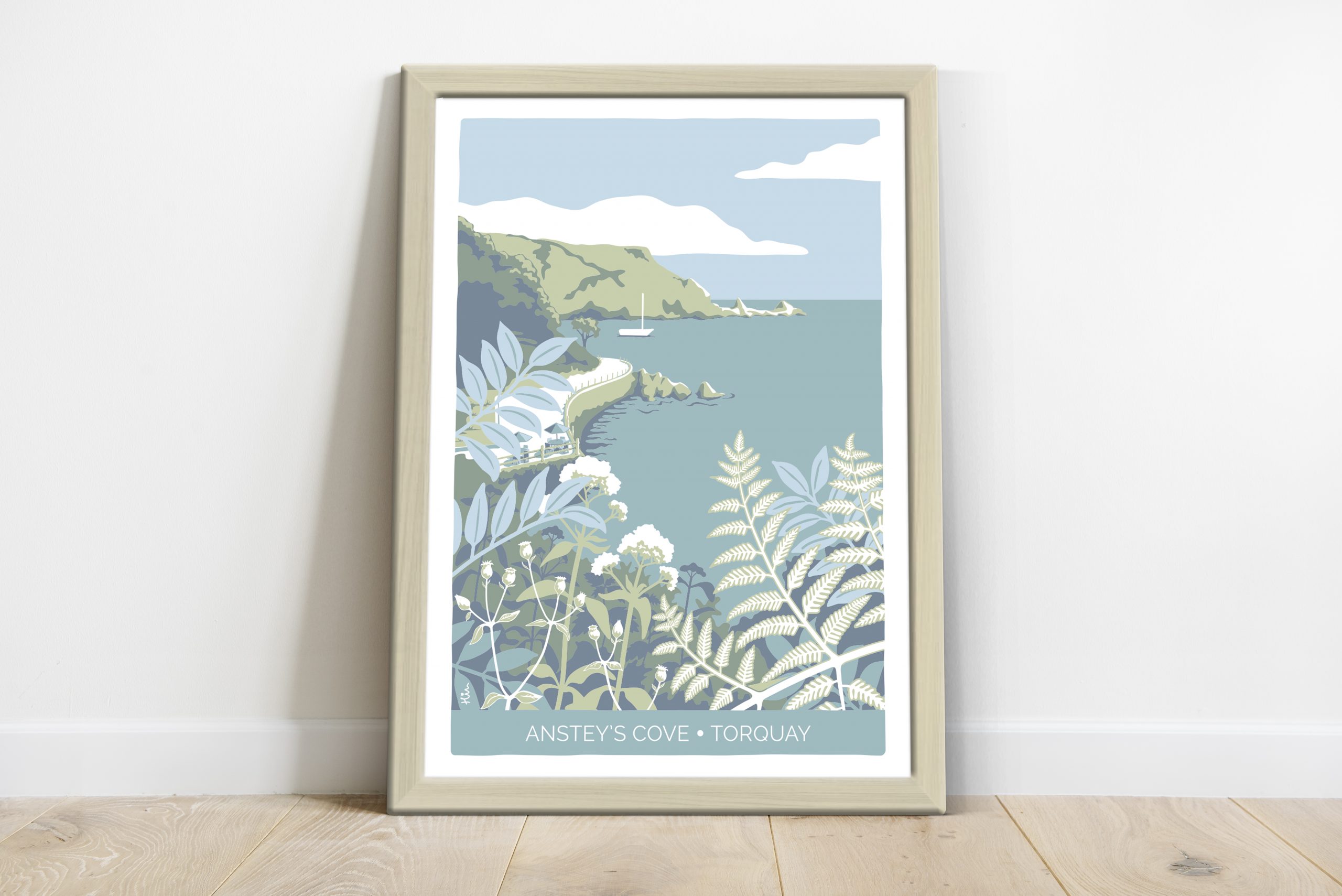 natural wood framed print of illustration of Anstey's Cove on Torquay, Devon