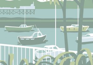 illustration of paignton harbour with palm tree and fishing boats