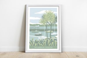 illustration of paignton harbour with palm tree and fishing boats