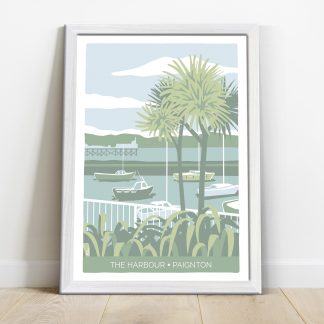 illustration of paignton harbour with palm tree and fishing boats