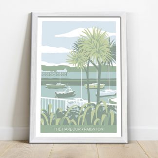 illustration of paignton harbour with palm tree and fishing boats