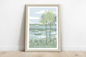 illustration of paignton harbour with palm tree and fishing boats
