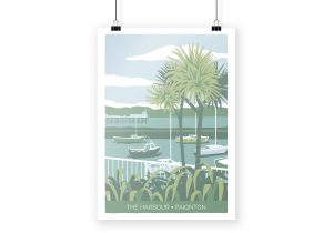 illustration of paignton harbour with palm tree and fishing boats