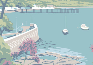 Illustration of Fairy Cove in Paignton, Devon, with pink valerian