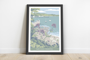 Illustration of Fairy Cove in Paignton, Devon, with pink valerian