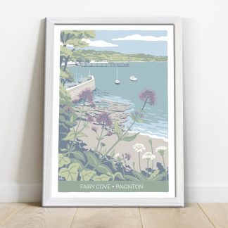Illustration of Fairy Cove in Paignton, Devon, with pink valerian
