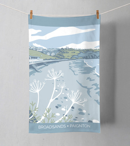 Tea towel featuring illustration of Broadsands beach in Paignton, Devon