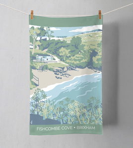 Tea towel featuring illustration of Fishcombe Cove in Brixham, South Devon